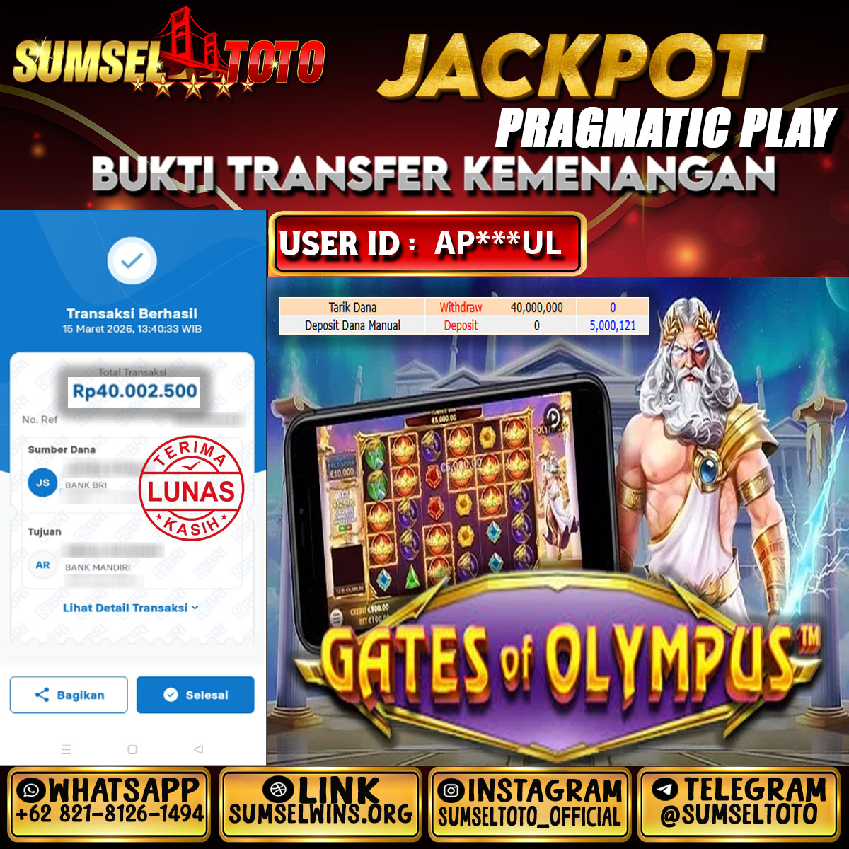 SUMSELTOTO JACKPOT GATES OF OLYMPUS Rp.40,000,000.,- LUNAS